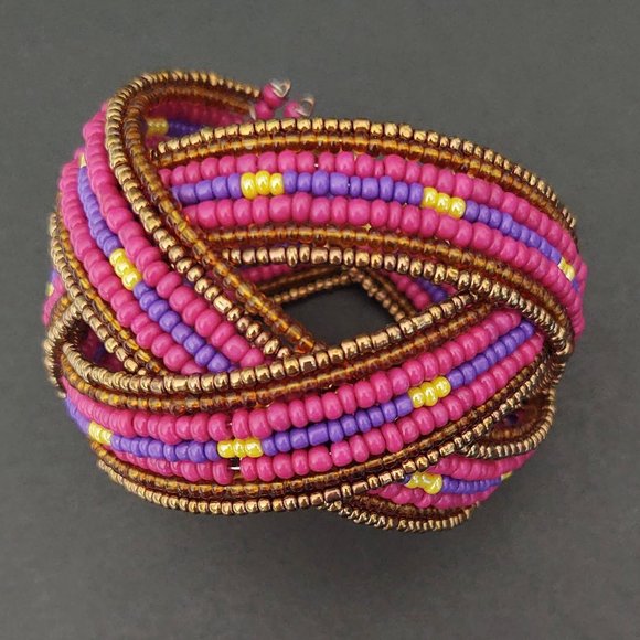 Purple, pink, yellow and metallic seed bead cuff - Picture 9 of 11